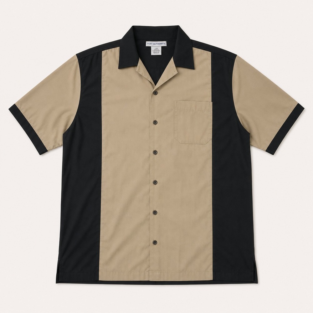 Steady Eddie Mens XL Bowling Shirt Black Tan Button Front Colorblock Retro Camp